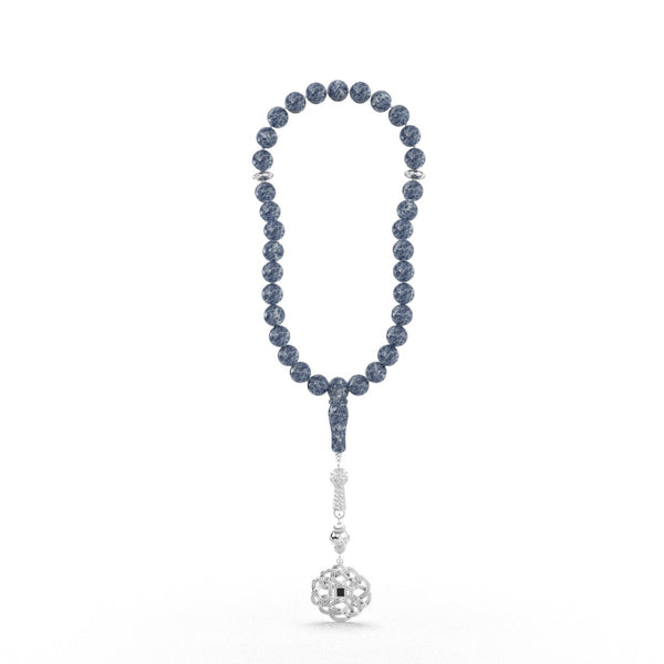 Silver tasbih with blue beads and a detailed silver pendant featuring a Quran-inscribed nano chip, displayed on a white background.