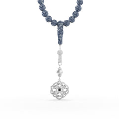 Silver tasbih with blue beads and a detailed silver pendant featuring a Quran-inscribed nano chip, displayed on a white background.