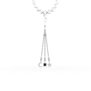 Silver tasbih with white stones and a silver pendant containing a Quran-inscribed nano chip, displayed on a white background.