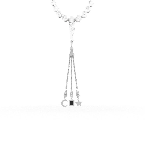 Silver tasbih with white stones and a silver pendant containing a Quran-inscribed nano chip, displayed on a white background.