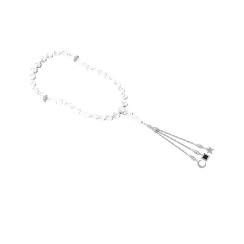 Silver tasbih with white stones and a silver pendant containing a Quran-inscribed nano chip, displayed on a white background.