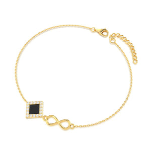 Gold bracelet with an intertwined side design and a central square pendant containing a black nano chip inscribed with the entire Quran, displayed on a white background.