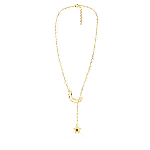 Gold necklace featuring a crescent and star pendant, with the star containing a black nano chip inscribed with the entire Quran, displayed on a white background.