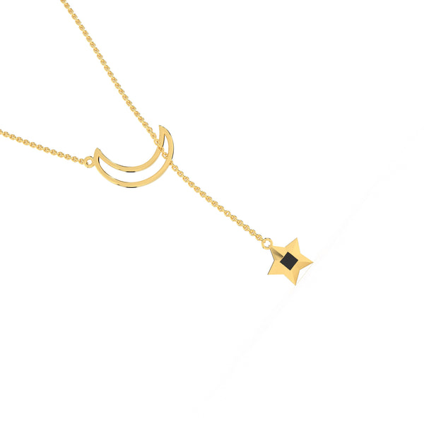 Gold necklace featuring a crescent and star pendant, with the star containing a black nano chip inscribed with the entire Quran, displayed on a white background.