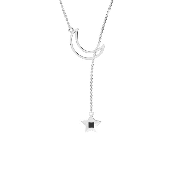 Gold necklace featuring a crescent and star pendant, with the star containing a black nano chip inscribed with the entire Quran, displayed on a white background.