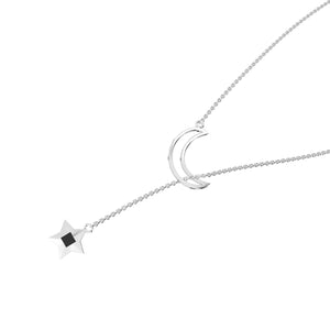 Gold necklace featuring a crescent and star pendant, with the star containing a black nano chip inscribed with the entire Quran, displayed on a white background.