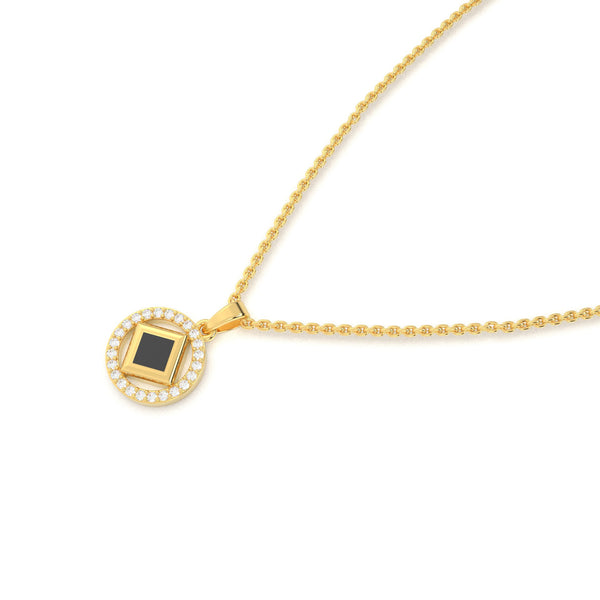 Elegant gold necklace with a round pendant featuring a black center stone and a nano chip micro-engraved with the entire Quran.