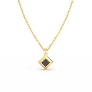 Gold necklace with a square black nano-chip pendant containing a Quran-inscribed nano chip, displayed on a white background.
