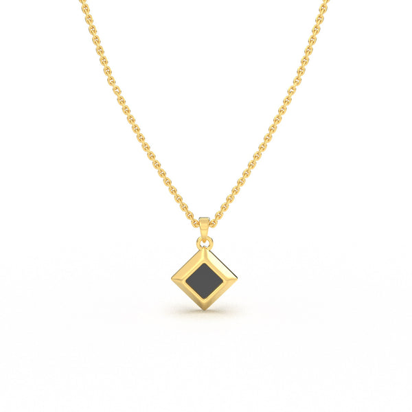 Gold necklace with a square black nano-chip pendant containing a Quran-inscribed nano chip, displayed on a white background.