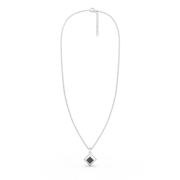 Silver necklace with a square black nano-chip pendant containing a Quran-inscribed nano chip, displayed on a white background.
