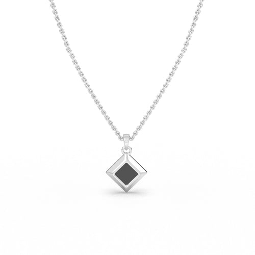 Silver necklace with a square black nano-chip pendant containing a Quran-inscribed nano chip, displayed on a white background.