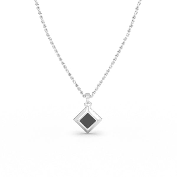 Silver necklace with a square black nano-chip pendant containing a Quran-inscribed nano chip, displayed on a white background.
