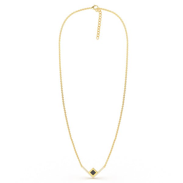 Gold necklace with an intertwined pendant featuring a square black nano chip containing the full Quran, displayed on a white background.