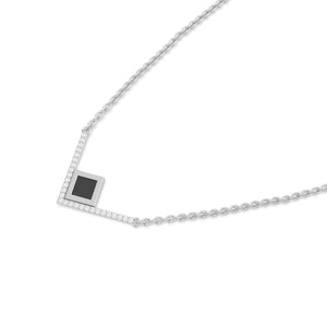 Silver necklace with an intertwined pendant featuring a square black nano chip containing the full Quran, displayed on a white background.