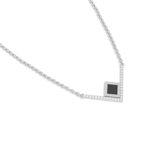 Silver necklace with an intertwined pendant featuring a square black nano chip containing the full Quran, displayed on a white background.