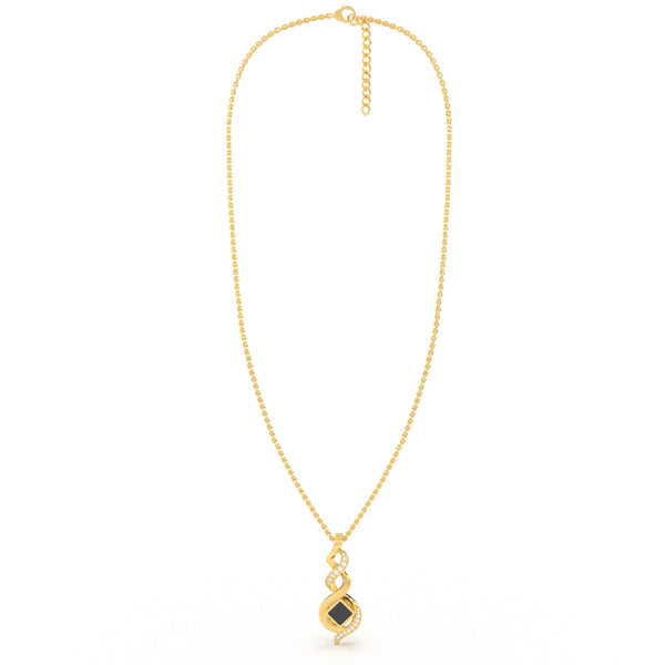 Gold necklace with an intertwined pendant featuring a square black nano chip containing the full Quran, displayed on a white background.