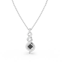 Silver necklace with an intertwined pendant featuring a square black nano chip containing the full Quran, displayed on a white background.