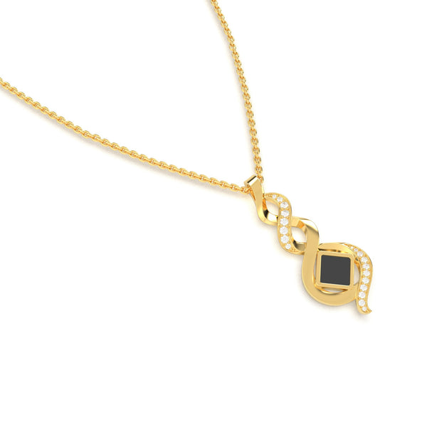 Gold necklace with an intertwined pendant featuring a square black nano chip containing the full Quran, displayed on a white background.