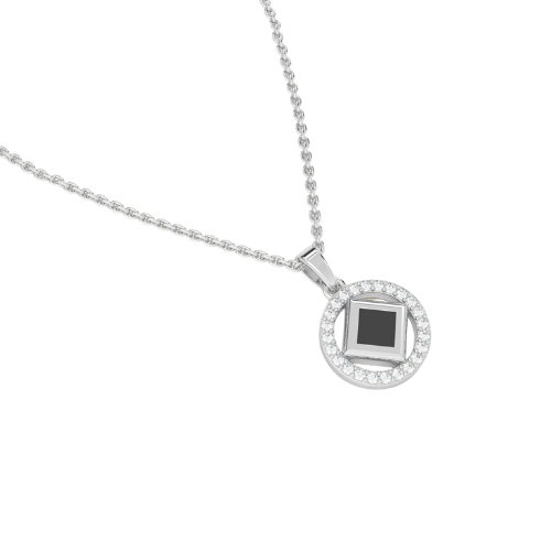 Elegant silver necklace with a round pendant featuring a black center stone and a nano chip micro-engraved with the entire Quran.