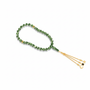 Green gemstone tasbih with a gold-plated tassel, featuring a nano chip micro-engraved with the entire Quran.