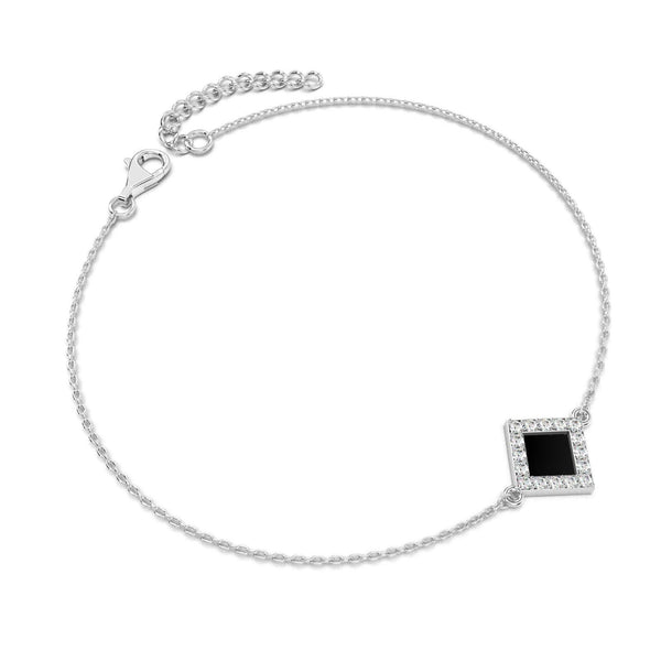 Silver bracelet with a square black nano-chip charm containing the full Quran, displayed on a white background.